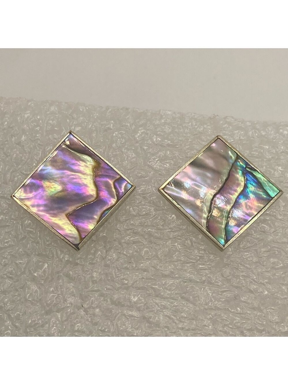 Vtg Sterling Abalone Iridescent Geometric Diamond Square Stud Earrings .9”